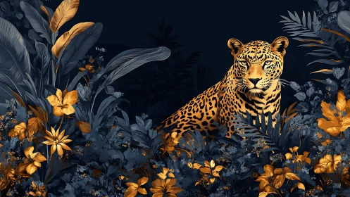 Leopard waits in stylized jungle foliage with gold accents