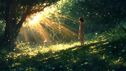 Sunlit forest clearing with solitary girl in warm glow.