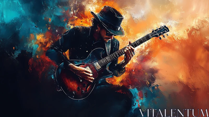 Chromatic blues guitarist amid turbulent bokeh-styled pigments.
