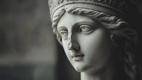 Marble sculpture head shows detailed classical female profile