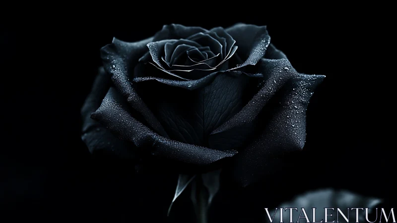 Glistening black rose stands in dramatic low-key darkness.