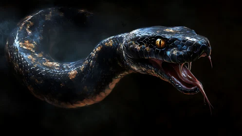 Midnight serpent arches through shadow with burning gold eyes.