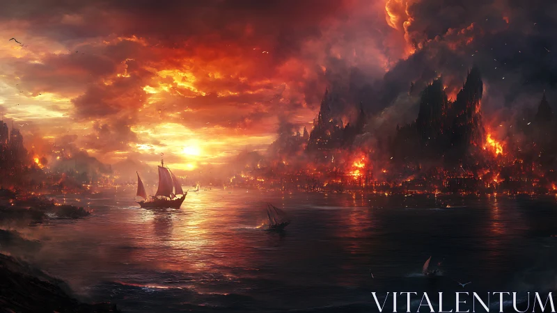 Burning harbor skies cradle a lone ship of quiet resolve.