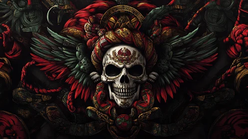 Regal skull with crimson wings in ornate dark fantasy emblem.