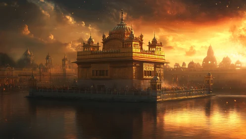 Golden temple on reflective water under intense sunset.