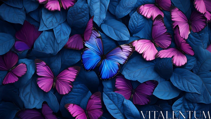 Blue and purple butterflies rest over dense blue foliage