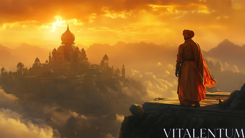 Mystic monk overlooking golden sunrise palace above clouds.