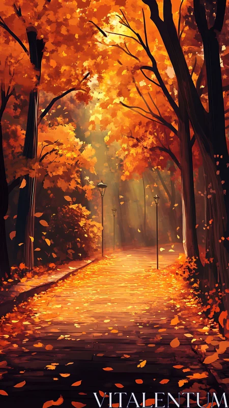 Autumn woodland path with lampposts under diffuse backlighting