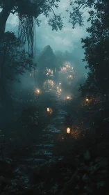 Mystical Forest Structure Glowing Through Fog and Trees.