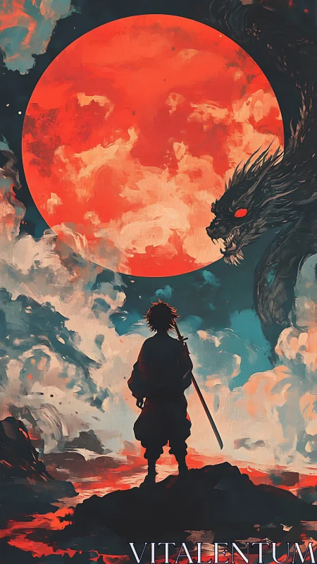 Swordsman faces dragon under a vast red moon sky.
