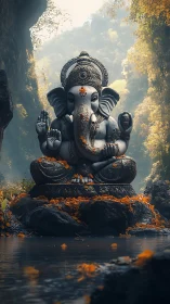 Ganesha stone statue sits beside misty forest stream