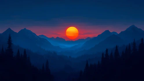 Radiant sunset settles over misty blue pine mountains