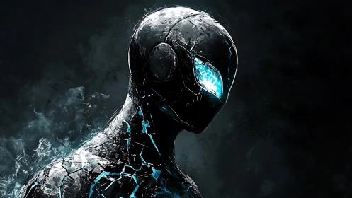 Shattered black cybernetic figure with glowing blue core.