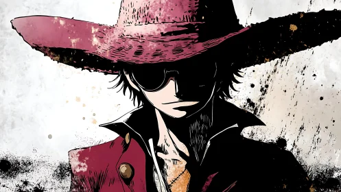 High-contrast anime portrait with ink splatter shading and deep hat brim