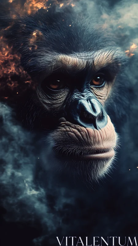 Cosmic chimpanzee gazing through swirling starlit smoke.