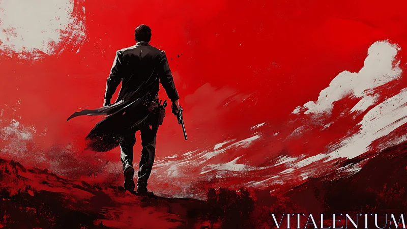 Gunman silhouette strides through abstract crimson storm.