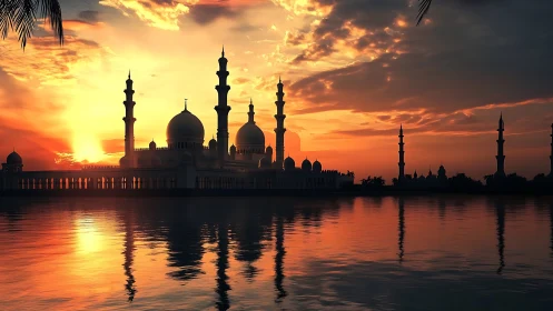 Grand mosque silhouette burns against molten sunset sky.