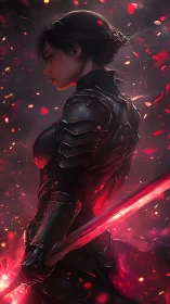 Armored female warrior holds glowing red sword in profile