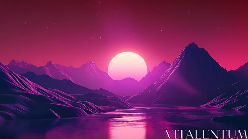 Neon sunset over stylized alien mountains and mirror lake.