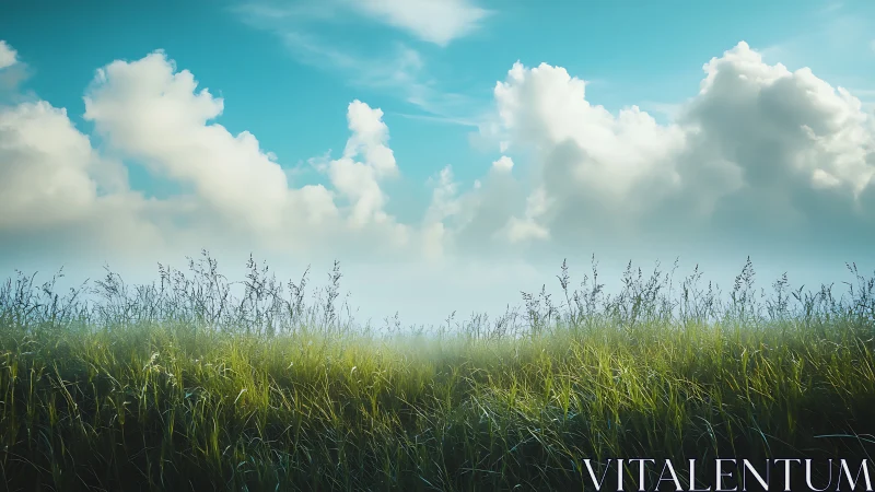 Low-angle meadow landscape captures luminous grass and clouds