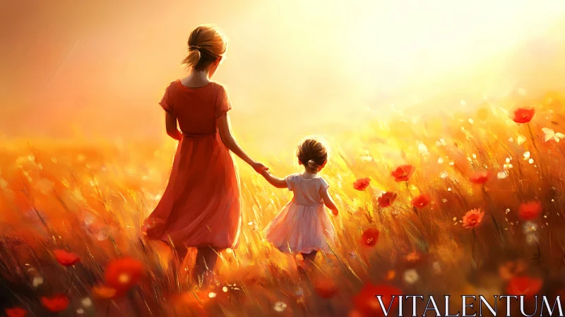 Woman and child holding hands in illuminated poppy field