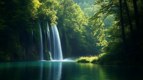 Sunlit forest waterfall cascades into a tranquil emerald pool