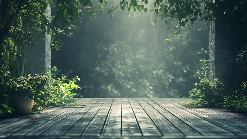 Sunlit wooden terrace frames lush secluded garden view.