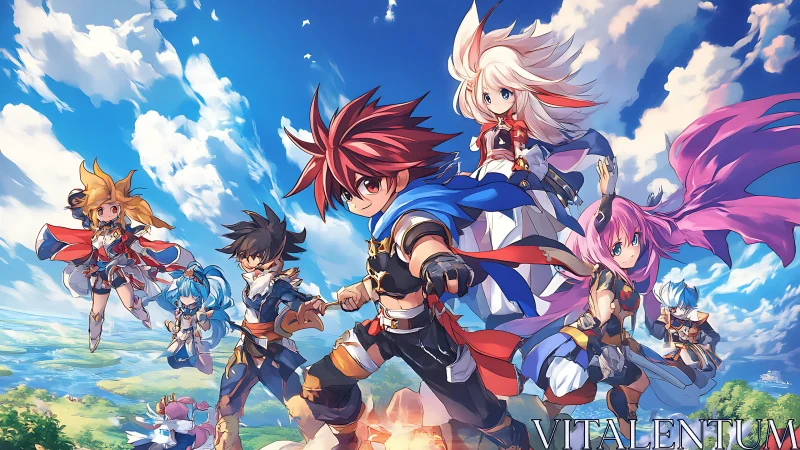 Dynamic anime hero party in aerial battle formation composition.