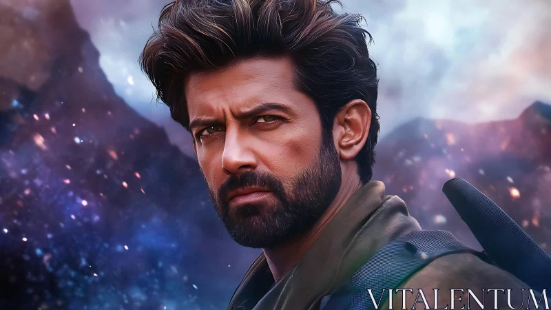 Stargazing wanderer framed by cosmic stormy light.