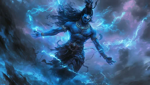 Storm-wreathed blue deity strides through crackling cosmos.