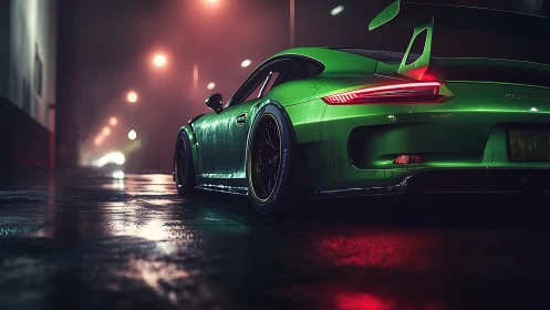 Neon green sports car on misty wet night street.