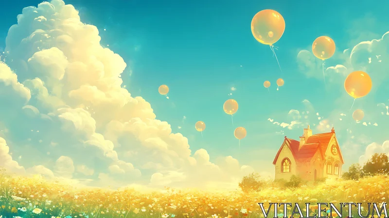 Balloon-bright cottage drifting under daydream clouds.