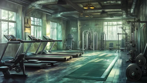 Sunlit industrial gym interior stands quiet and ready for training.