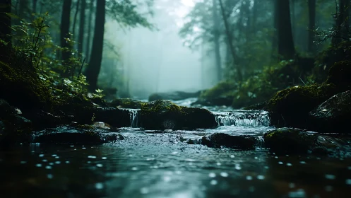 Serene Forest Stream Flows Through Misty Woodland