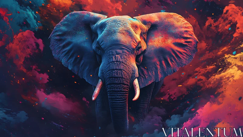 Cosmic elephant draped in neon clouds of color and light.