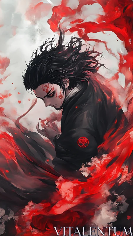 Dark haired warrior stands amid swirling red energy waves