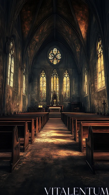Gothic nave interior with stained glass and dramatic chiaroscuro.