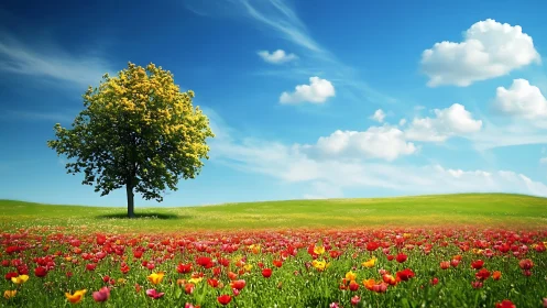 Sunny lone tree watching over a bright, cheerful flower field.