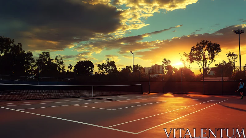 Sunlit tennis court geometry under cinematic sunset sky.