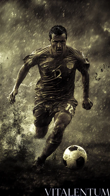 Soccer player sprinting through rain on muddy pitch.