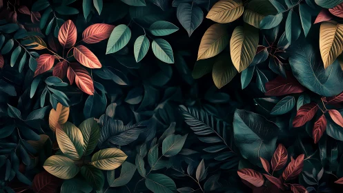 Midnight foliage carnival with copper, teal, and ember leaves.