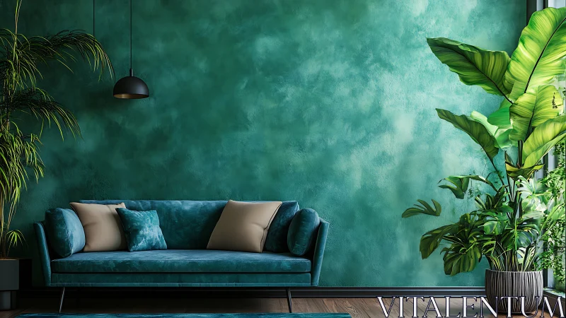 Emerald-toned living room with velvet sofa and dense indoor foliage