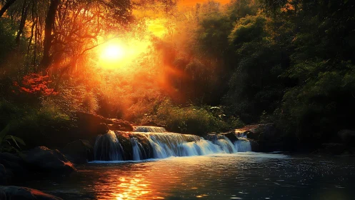 Sunlit forest waterfall with radiant golden atmosphere.