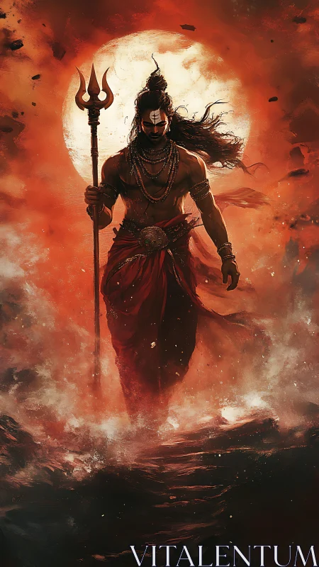 Warrior ascends through turbulent surf before eclipsed blood moon