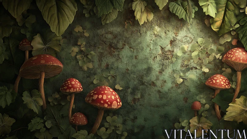 Forest mushroom border framing textured moss wall.
