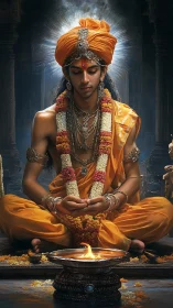Serene young devotee in golden robes resting in calm prayer.