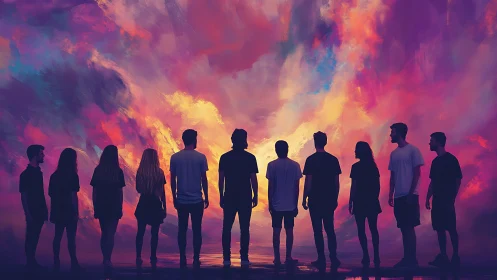 Silhouetted dreamers stand shoulder to shoulder in painted skyfire