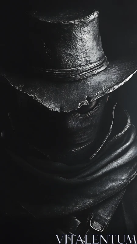 Shadowed gunslinger in tattered hat wrapped in midnight leather.