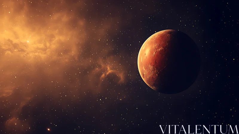 Rust-red wanderer drifts beside a glowing cosmic furnace.