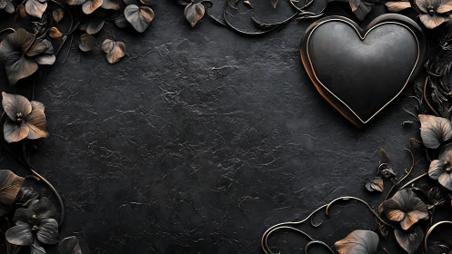 Black Heart on Textured Surface with Dried Flowers.